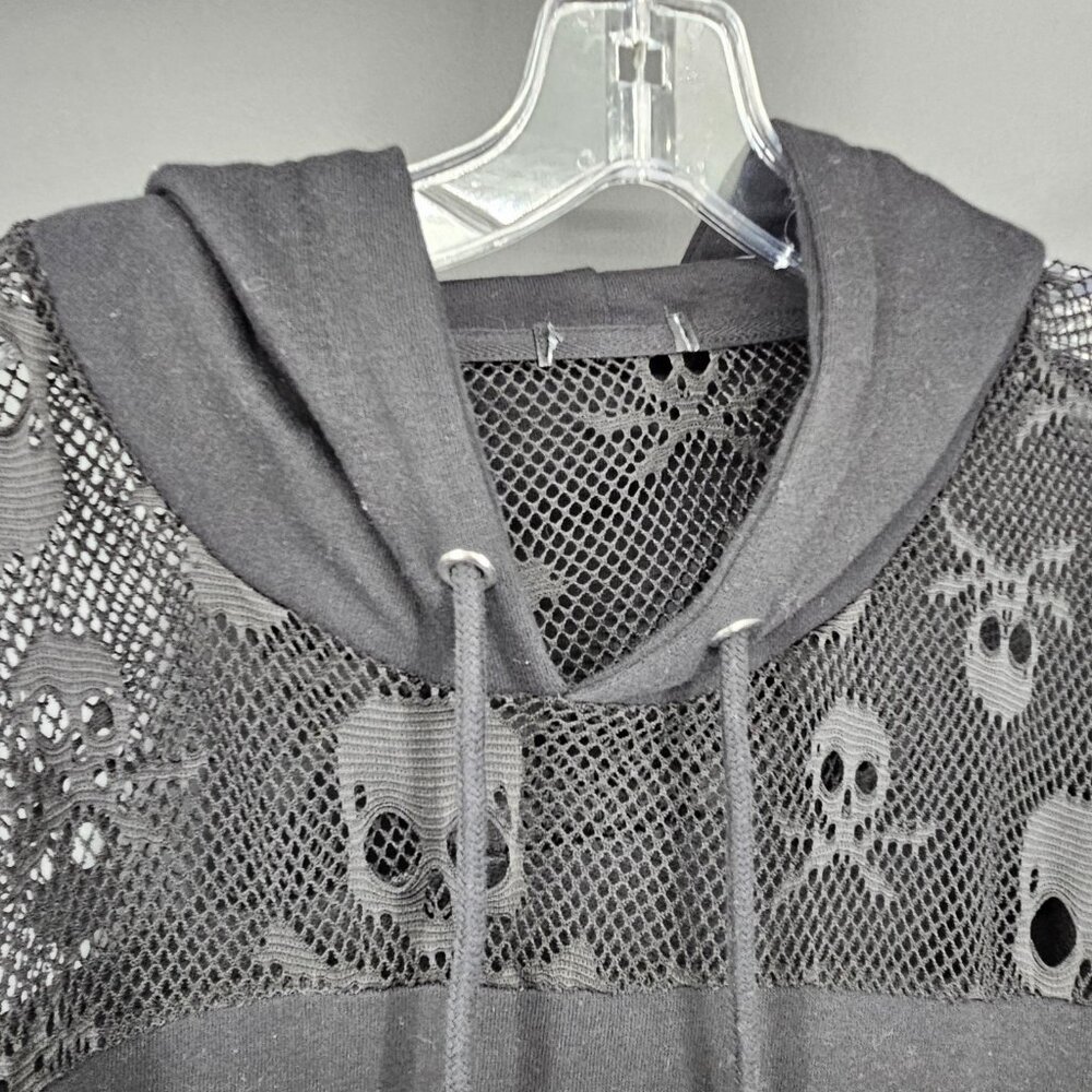Skull Crossbones Mesh Hoodie Shirt Womens 2XL XXL Black Sheer Goth Punk Rock - Picture 3 of 13
